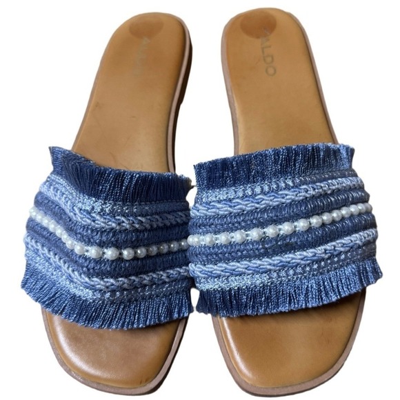 ALDO Denim Fringe Slide Sandals | Size 8 | Pearl Embellished - Picture 2 of 7